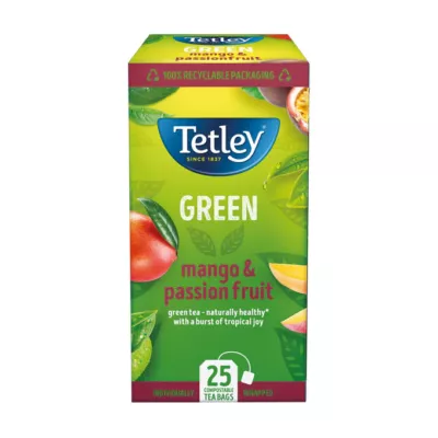 Tetley Green Tea Mango & Passionfruit (Zöld tea mangóval és passiógyümölccsel)  25 db borítékolt filter 