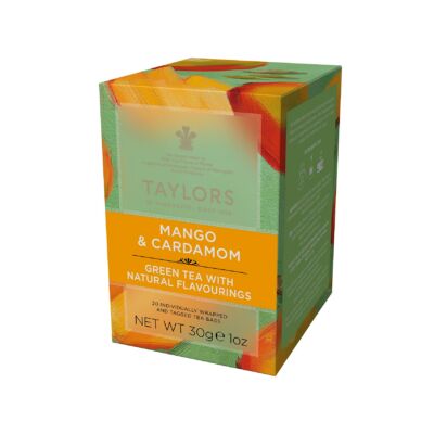 Taylors or Harrogate Mango and Cardamom Green Tea (Zöld Tea mangóval és kardamommal) 20 db borítékolt filter