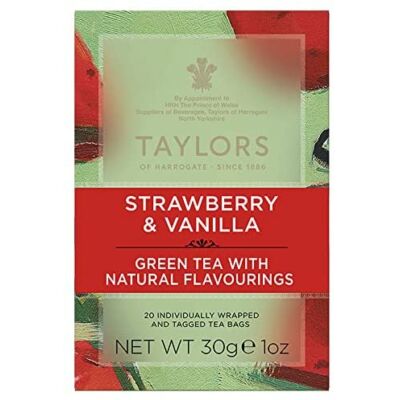 Taylors of Harrogate Green Tea with Strawberry & Vanilla (Zöld tea eperrel és vaníliával) 20 db borítékolt filter