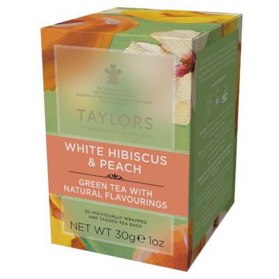 Taylors or Harrogate White Hibiscus and Peach Green Tea (Zöld Tea fehér hibiszkusszal és őszibarackkal) 20 db borítékolt filter 